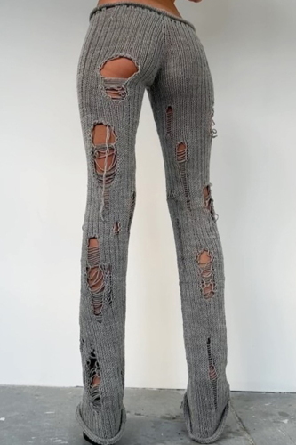 Grey Distressed Knit Pants Flared Leg Edgy Street Style Casual Trousers