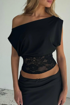Black Off Shoulder Cutout Top Lace Waist Trim Sexy Crop Top