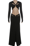 Black Hollow Out V Neck Two Piece Set Long Sleeve Top Slim Fit Maxi Skirt Sexy Vacation Outfit