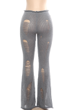 Black Distressed Knit Pants Flared Leg Edgy Street Style Casual Trousers
