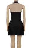 Black Blazer Collar Deep V Dress Single Breasted Waist Pleated Mini Elegant Office Dress
