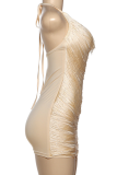 Apricot Halter Neck Fringe Dress Bodycon Waist-Cinched Figure Flattering Party Mini Dress