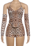 Brown Animal Print Three Piece Set Heart Bandeau Top Shorts Sleeves Sexy Party Outfit