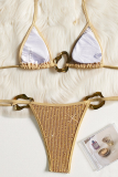 Gold Halter Sequin Bikini Set Metal Accent Tie Side Sexy Vacation Swimwear