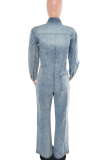 Light Blue Denim Shirt Jumpsuit Loose Wide Leg Long Sleeve Casual Workwear One Piece