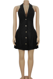 Black Blazer Collar Deep V Dress Single Breasted Waist Pleated Mini Elegant Office Dress