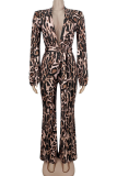 Leopard Print Animal Print Deep V Jumpsuit Waist Tie Long Sleeve Wide Leg Elegant Casual One Piece