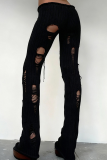 Black Distressed Knit Pants Flared Leg Edgy Street Style Casual Trousers