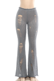 Black Distressed Knit Pants Flared Leg Edgy Street Style Casual Trousers