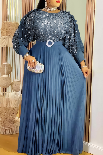 Gray Blue Plus Size Sequin Sheer Maxi Dress Puff Sleeve Pleated Waist Gown