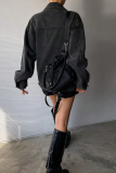 Black Oversized Cropped Denim Jacket Collar Button Casual Coat