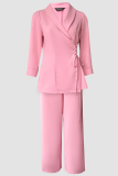 Pink Blazer Collar Drawstring Waist Two Piece Set Wide Leg Pants Elegant Office Fashion Set