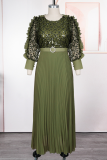 Light Coffee Plus Size Sequin Sheer Maxi Dress Puff Sleeve Pleated Waist Gown