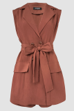 Apricot Sleeveless Blazer Collar Jumpsuit Tie Waist Pocket Casual Fashion Romper