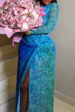 Blue Bubble Print Sheer Maxi Dress Twist Slit Bodycon Long Sleeve Dress