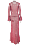 Red Polka Dot Sheer Maxi Dress Ruched Waist Long Sleeve Bodycon Dress