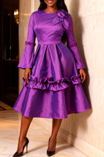Purple Satin 3D Flower Waist-Cinched Dress Flared Sleeve Ruffle Trim Elegant Midi Dress