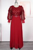 Light Coffee Plus Size Sequin Sheer Maxi Dress Puff Sleeve Pleated Waist Gown