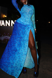 Blue Bubble Print Sheer Maxi Dress Twist Slit Bodycon Long Sleeve Dress