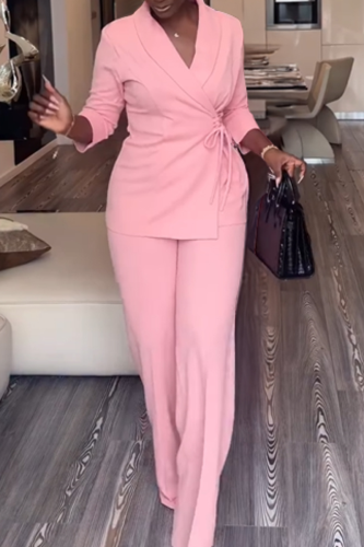 Pink Blazer Collar Drawstring Waist Two Piece Set Wide Leg Pants Elegant Office Fashion Set