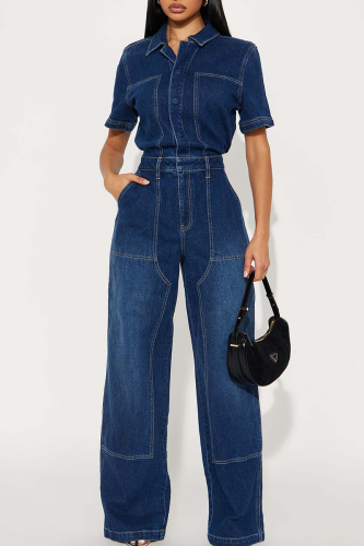 Deep Blue Short Sleeve Denim Jumpsuit Collared Waist Wide Leg Casual Fashion Workwear Romper