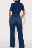 Deep Blue Short Sleeve Denim Jumpsuit Collared Waist Wide Leg Casual Fashion Workwear Romper