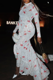 White Red Goldfish Print Lace Collar Maxi Dress Ruffle Slit Sheer Bodycon Dress