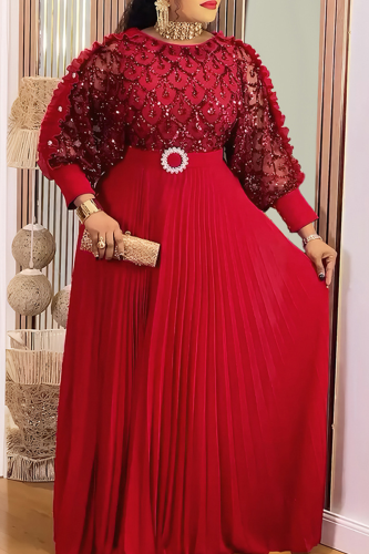 Red Plus Size Sequin Sheer Maxi Dress Puff Sleeve Pleated Waist Gown