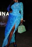 Blue Bubble Print Sheer Maxi Dress Twist Slit Bodycon Long Sleeve Dress