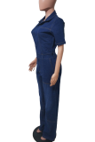 Deep Blue Short Sleeve Denim Jumpsuit Collared Waist Wide Leg Casual Fashion Workwear Romper