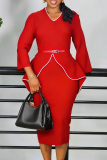 Deep Blue Waist Belt Ruffled Dress Contrast Trim Elegant Office Midi Dress