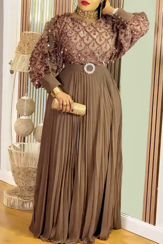 Light Coffee Plus Size Sequin Sheer Maxi Dress Puff Sleeve Pleated Waist Gown