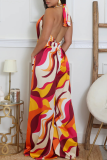 Red Printed Halter Plunge Jumpsuit Wide Belt Wide Leg Fashion Romper