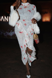White Red Goldfish Print Lace Collar Maxi Dress Ruffle Slit Sheer Bodycon Dress