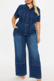 Deep Blue Short Sleeve Denim Jumpsuit Collared Waist Wide Leg Casual Fashion Workwear Romper