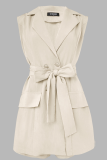 Apricot Sleeveless Blazer Collar Jumpsuit Tie Waist Pocket Casual Fashion Romper