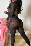 Black Sheer Textured Open Back Jumpsuit Slim Long Sleeve Stylish Piece