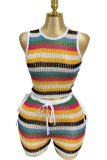 Colour Striped Openwork Knit Crop Top Shorts Vacation Two-piece Set