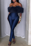 Blue Fuzzy Off-shoulder Jumpsuit Slim Fitted Stylish Party Piece