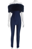 Blue Fuzzy Off-shoulder Jumpsuit Slim Fitted Stylish Party Piece