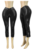 Brown Shiny Textured Cross Waist Capri Leggings Stylish Versatile Piece