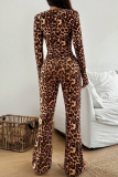 Leopard Print Lace Deep V Printed Jumpsuit Slim Flared Pants Stylish Piece