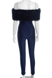 Blue Fuzzy Off-shoulder Jumpsuit Slim Fitted Stylish Party Piece