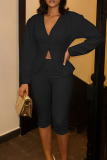 Black V-neck Waist Cinched Puff Sleeve Top Capri Leggings Stylish Two-piece Set