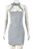 Blue Halter Cutout Denim Dress Waist Slit Bodycon Mini Skirt