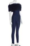 Blue Fuzzy Off-shoulder Jumpsuit Slim Fitted Stylish Party Piece