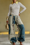 Blue Patchwork Vintage Wide-leg Jeans Fringe Tie Retro Pants
