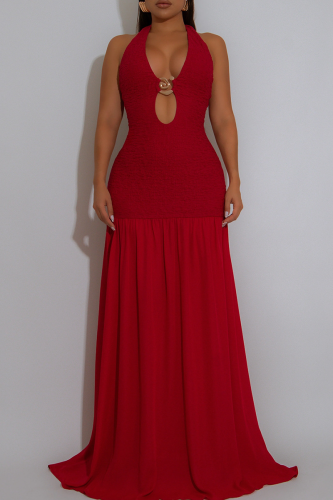 Red Elegant Solid Color Backless Halter Long Dresses