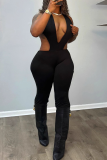 Black Sexy Solid Color Backless Halter Skinny Jumpsuits