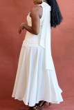 White Halter Stand Collar Ruched Dress Slim Flared Elegant Long Gown